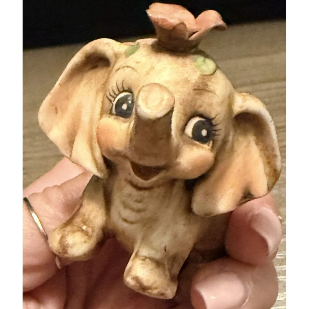Vintage Porcelain Baby Elephant With Flowers On Head Anthropomorphic Korea
